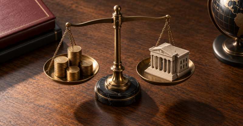 Central bank and coin stacks balanced on scales representing monetary policy
