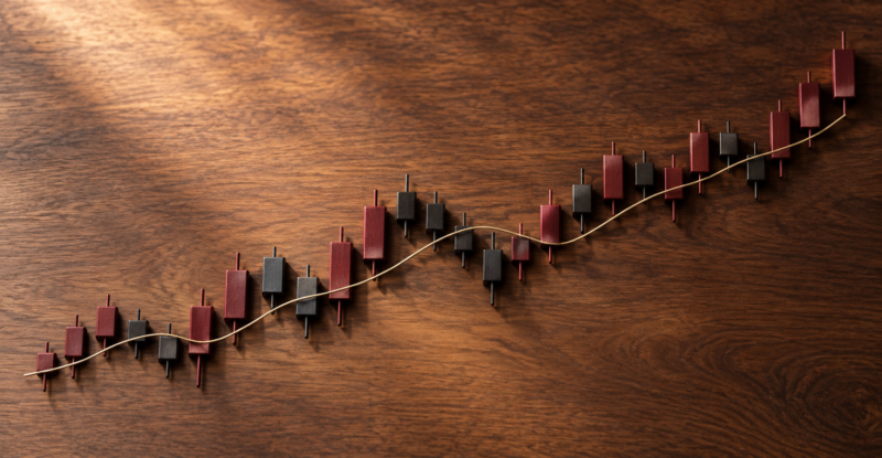 Physical candlestick chart with rising trend line on wooden surface