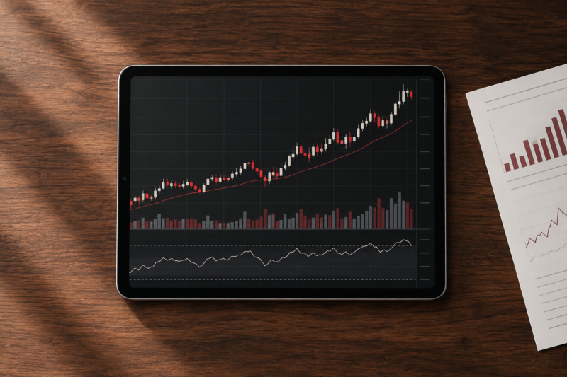 Tablet with stock market chart on a wooden desk