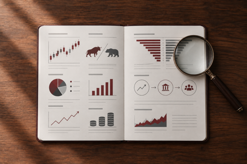 Financial terminology notebook with charts and magnifying glass