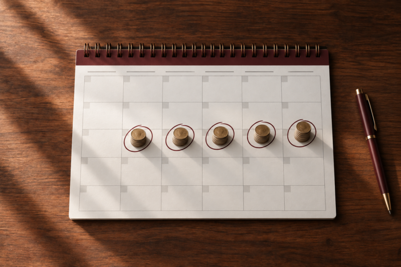 Monthly investment calendar with recurring coin contributions