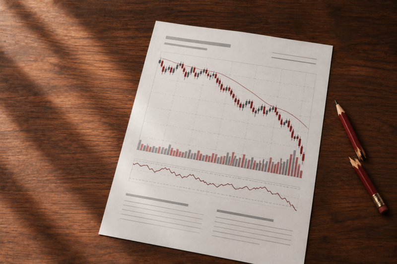 Falling stock market chart on financial report with broken red pencil