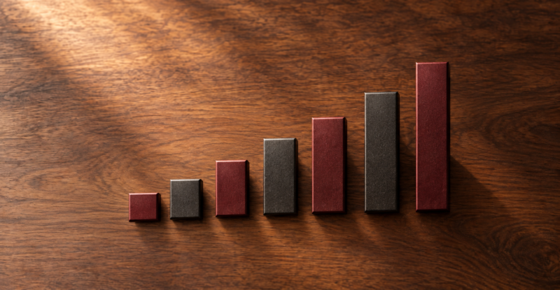 Rising GDP bar chart represented by burgundy and graphite blocks on wood