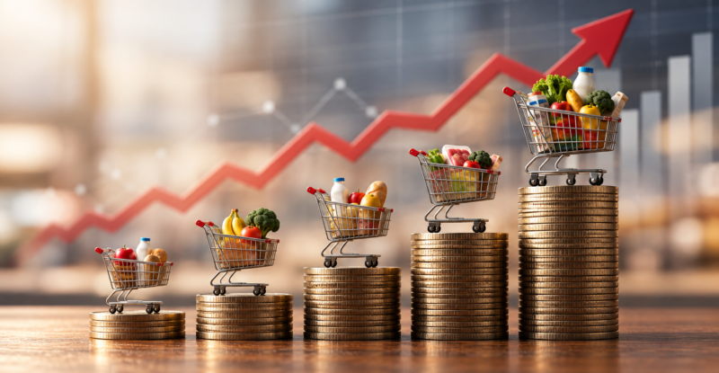Rising grocery costs represented by shopping carts on stacked coins with upward price trend