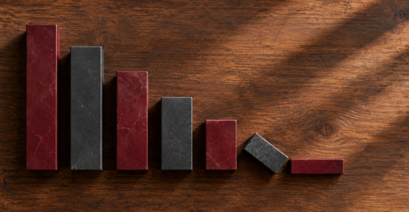 Descending burgundy and graphite blocks representing an economic recession