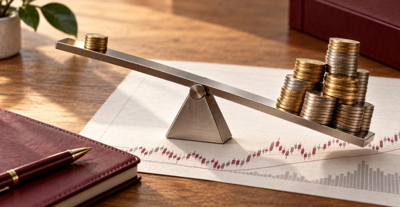 Financial leverage concept with coin stacks balanced on a metal lever