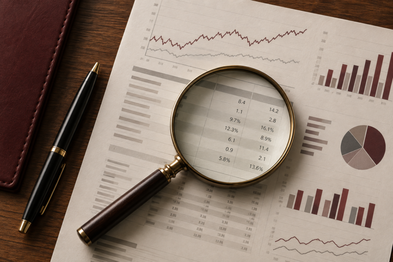 Financial report under magnifying glass for value investing analysis