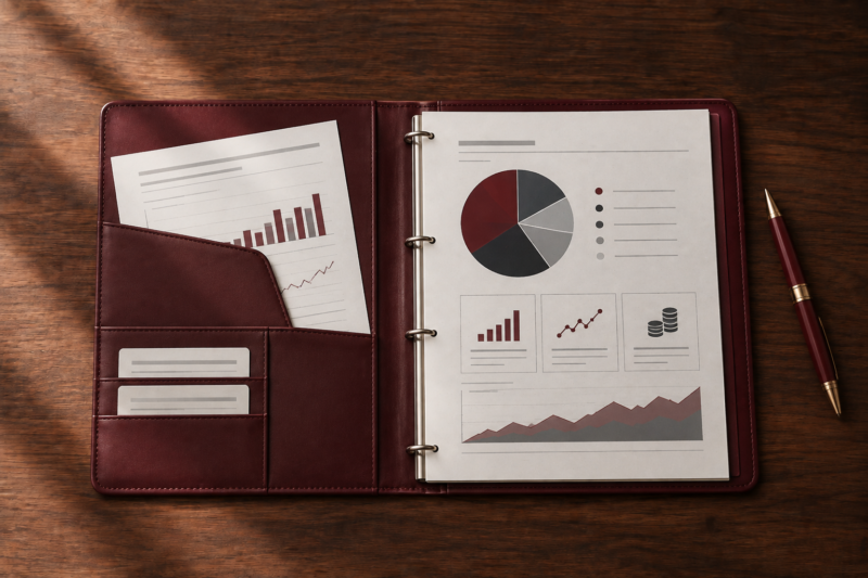 Investment portfolio folder with asset allocation charts and financial report